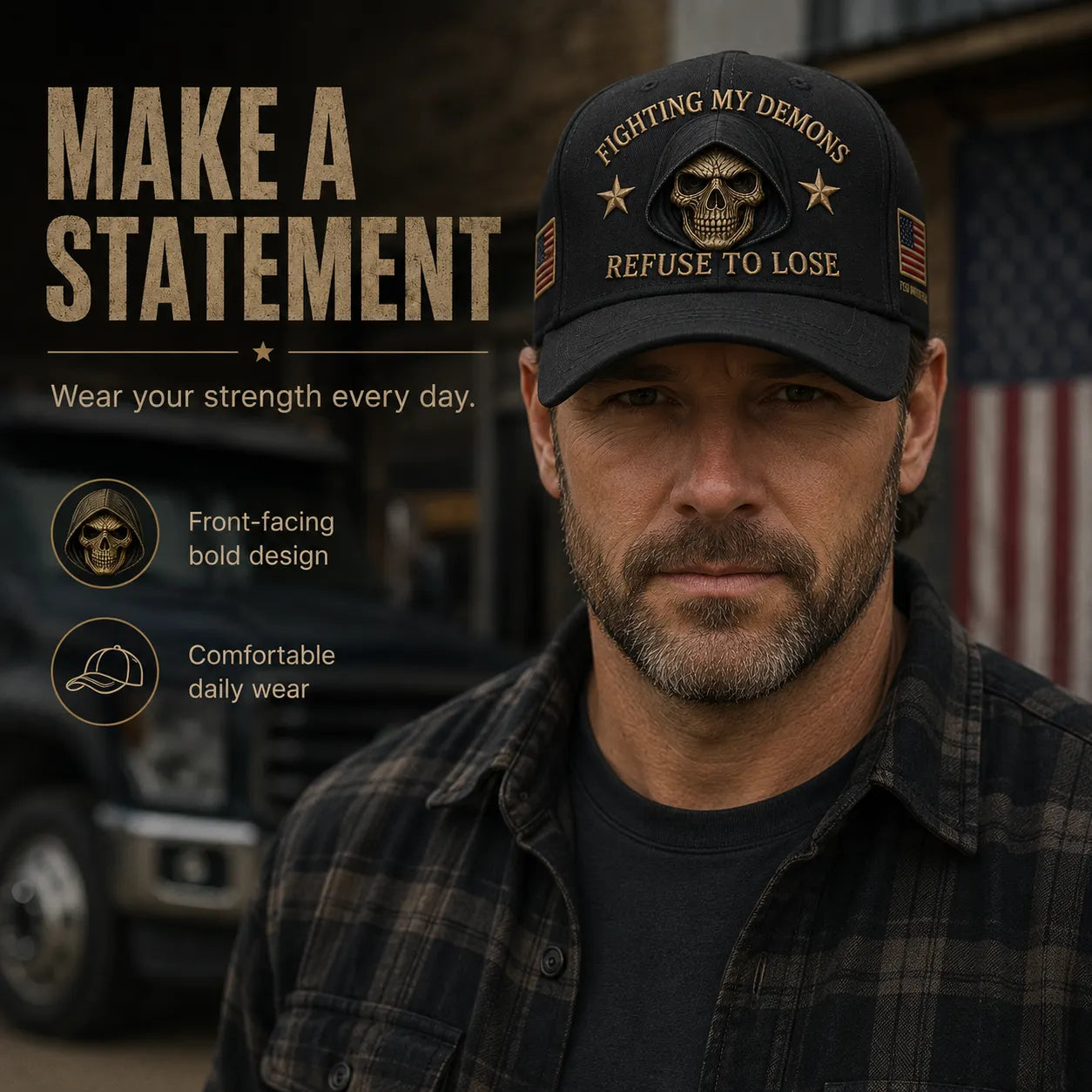🔥 Father’s Day Sale - ❤️ “Fighting My Demons” PTSD Awareness Embroidered Cap 🇺🇸 – Refuse To Lose Edition 🖤💀