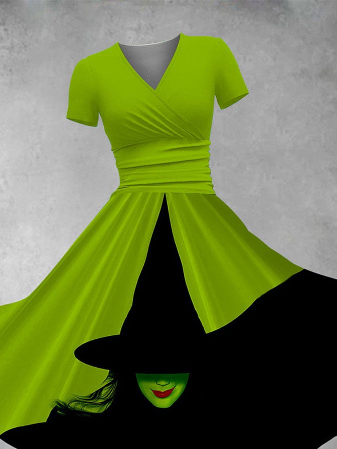 V Neck Retro Halloween Witch Print Maxi Dress