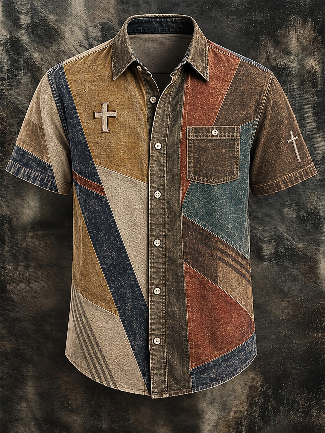Men's Vintage Faith Faux-Linen Short-Sleeve Shirt(with pocket)