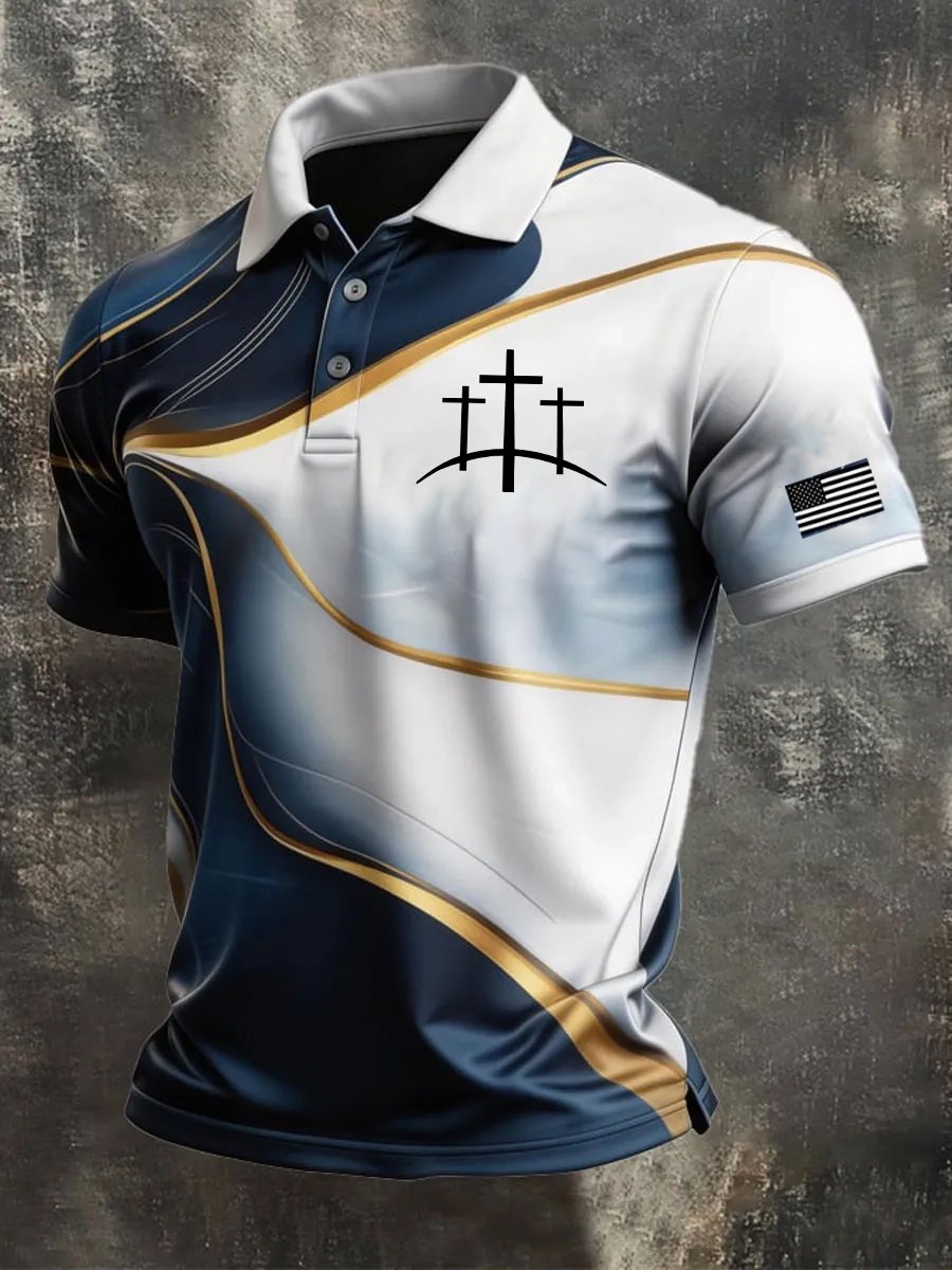 Men's Retro Faith Cross Print Casual Polo Shirt
