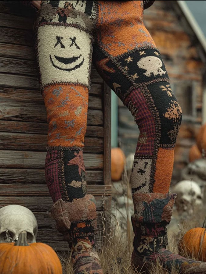 Women's Halloween Fun Pumpkin Patchwork Print Leggings