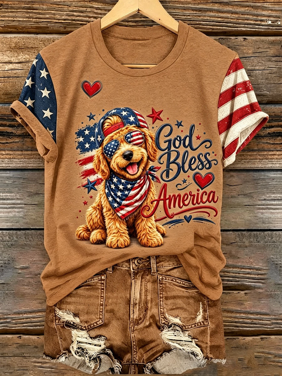 Ladies' 250Th Anniversary American Flag Dog Print V-Neck Short Sleeved T-Shirt