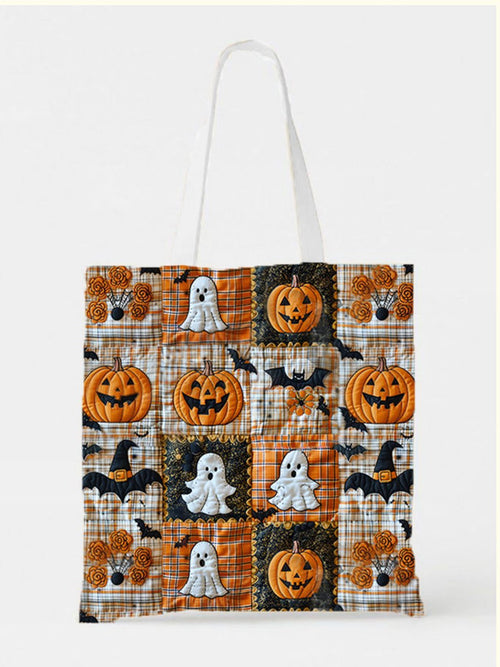 Halloween Funny Patchwork Plaid Pumpkin Face Printed Canvas Bag