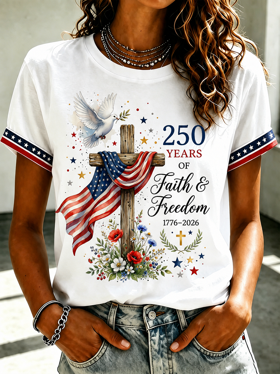 Women's 250 Years Faith & Freedom Dove Floral Cross Flag Print T-Shirt