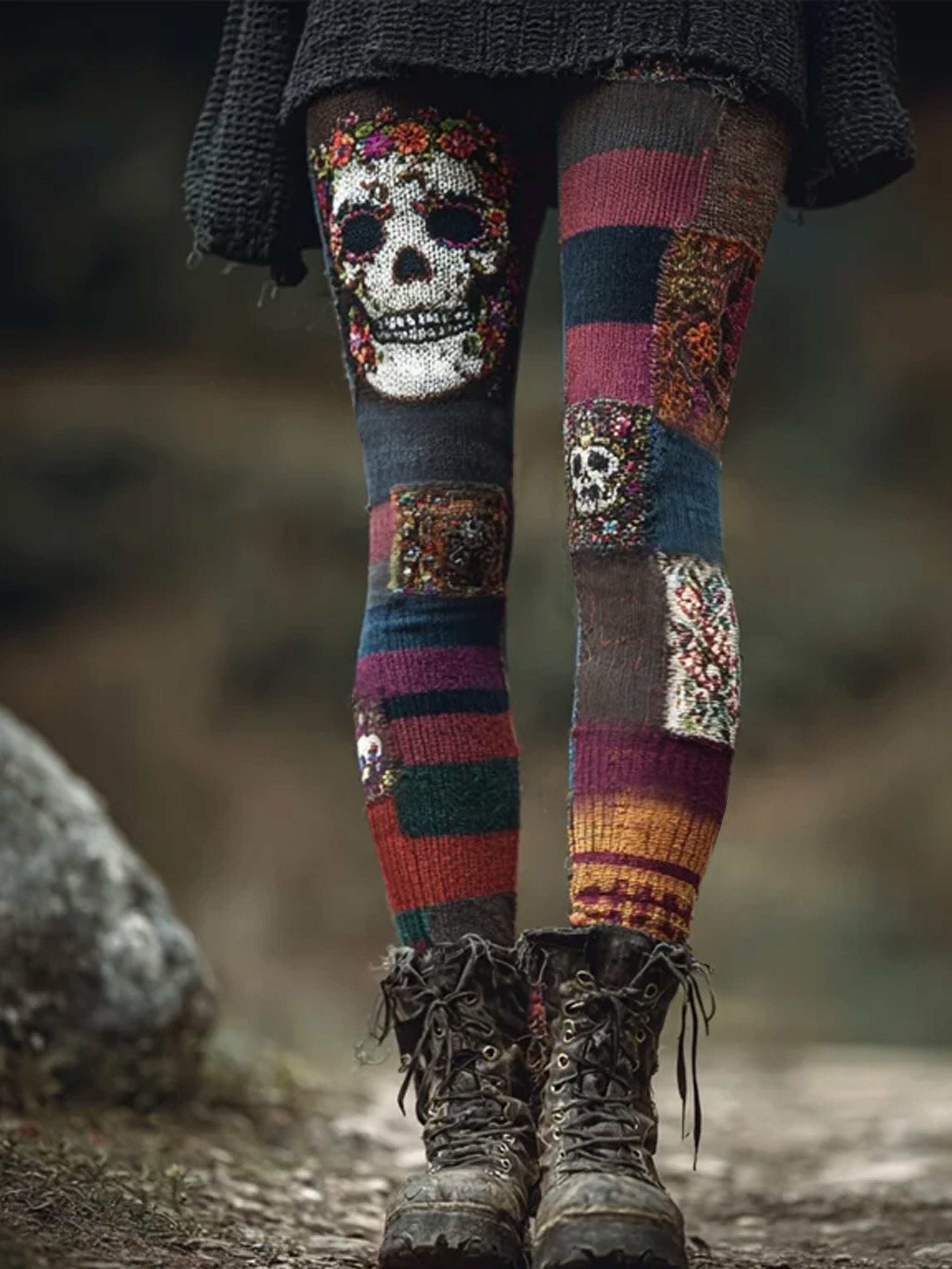 Women's Halloween Day of the Dead Skull Contrast Striped Knit Pants