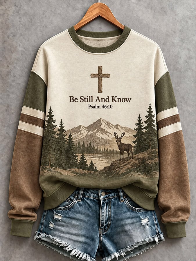 Women's Be Still And Know Psalm 46:10 Printed Long-Sleeve Sweatshirt