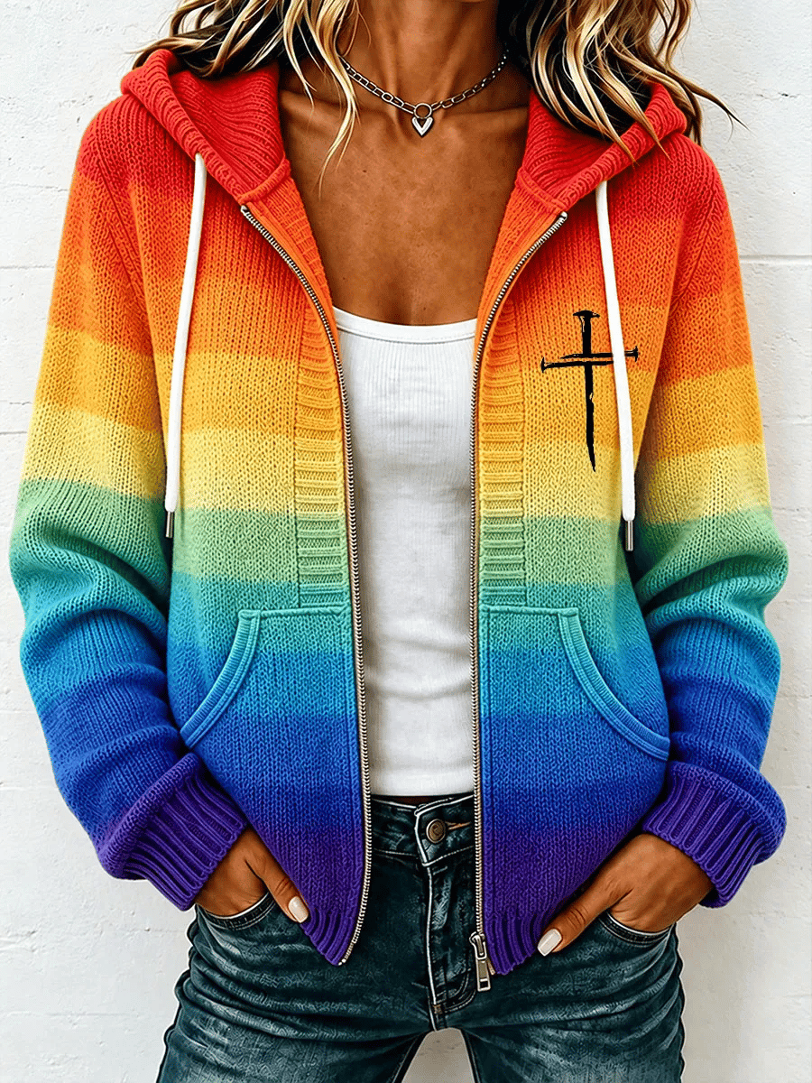 Women's Faith Print Casual Knitted Hooded Sweatshirt