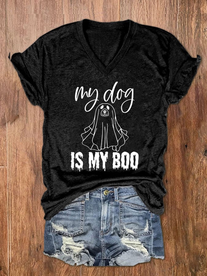 Women's My Dog Is My Boo Halloween Dog Print V-Neck T-Shirt