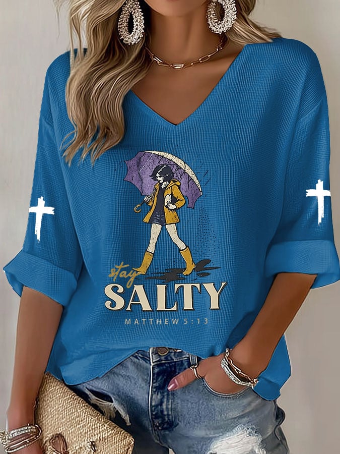 Women's Casual Printed Waffle Top