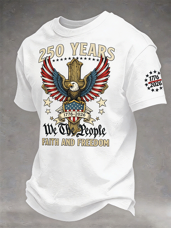 Men's 250 Years We The People Faith Freedom Eagle Cross 1776-2026 Vintage T-Shirt