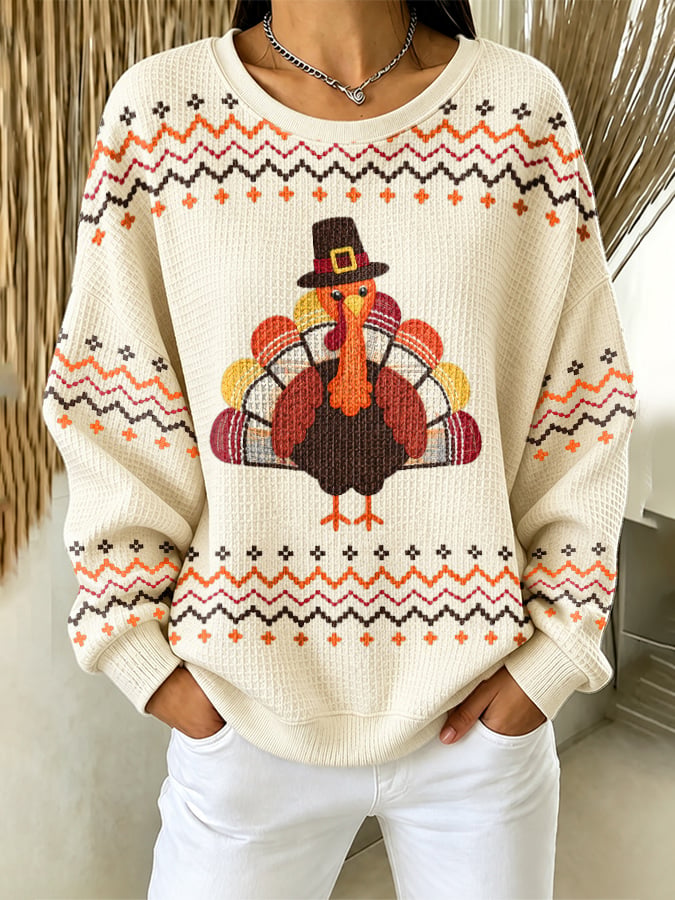 Women's Casual Printed Waffle Long-Sleeve Top