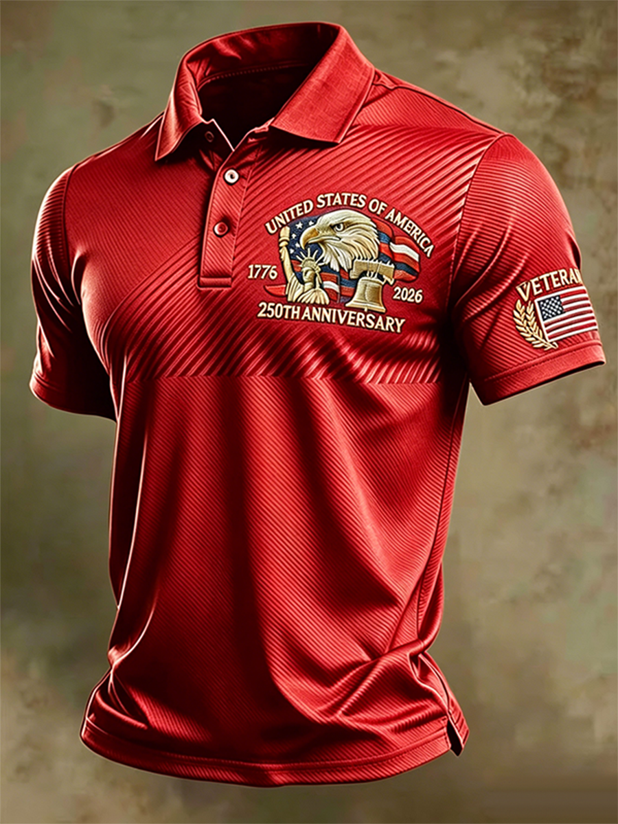 Men's USA 250th Anniversary 1776-2026 Eagle Veteran American Flag Patriotic Casual Polo Top