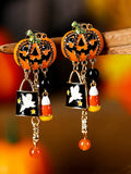 Orange Halloween Rhinestone Pumpkin Ghost Earrings