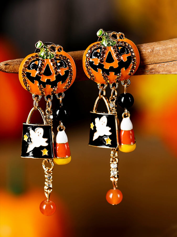 Orange Halloween Rhinestone Pumpkin Ghost Earrings
