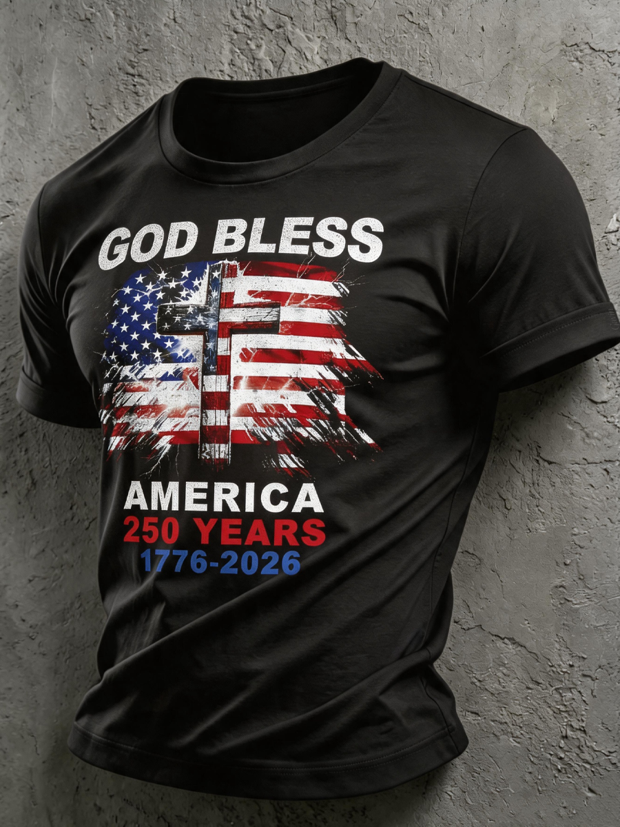 Men'S God Bless America Christian Cross Flag T-Shirt