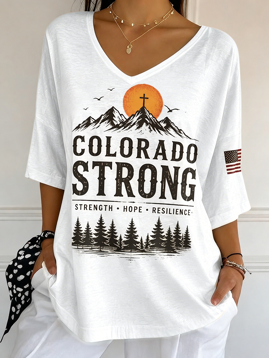 Colorado Strong Sunset Mountain Cross American Flag Gradient Top