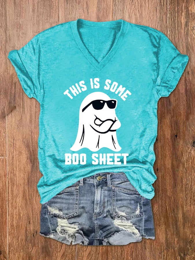 Women's Halloween This Is Some Boo Sheet Print V-Neck T-Shirt