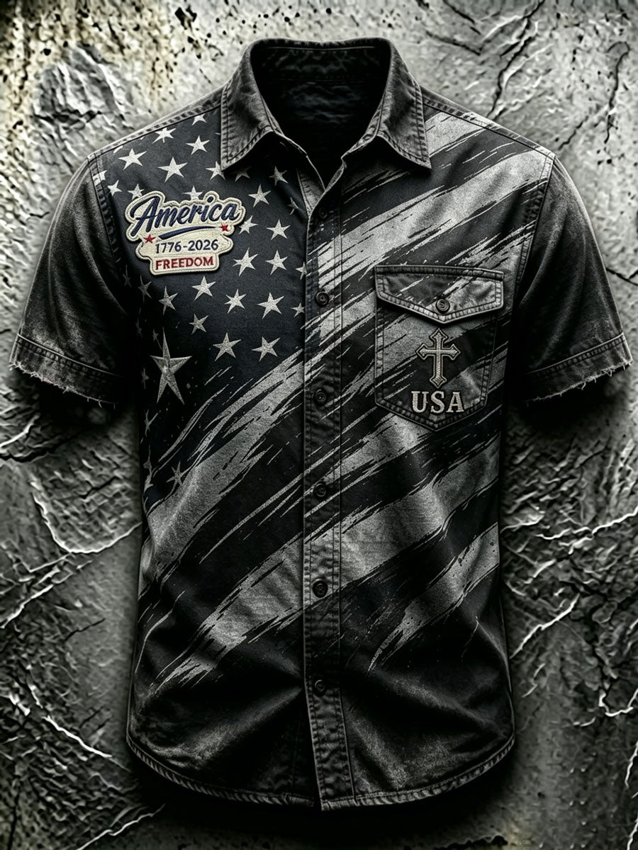 Men'S Retro Gradient Independence Day Faith Short Sleeved Shirt