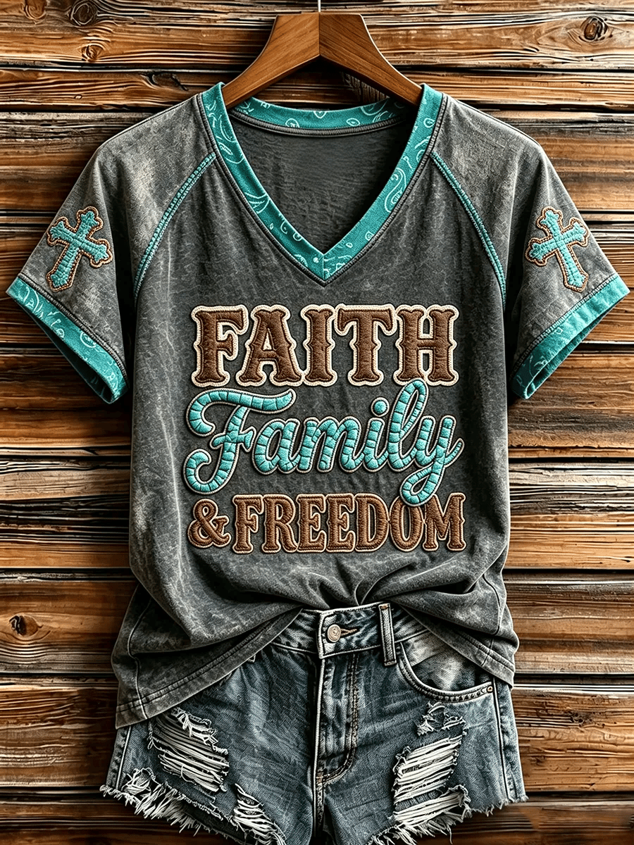 Women's  Retro Western-Style Faith Print T-shirt