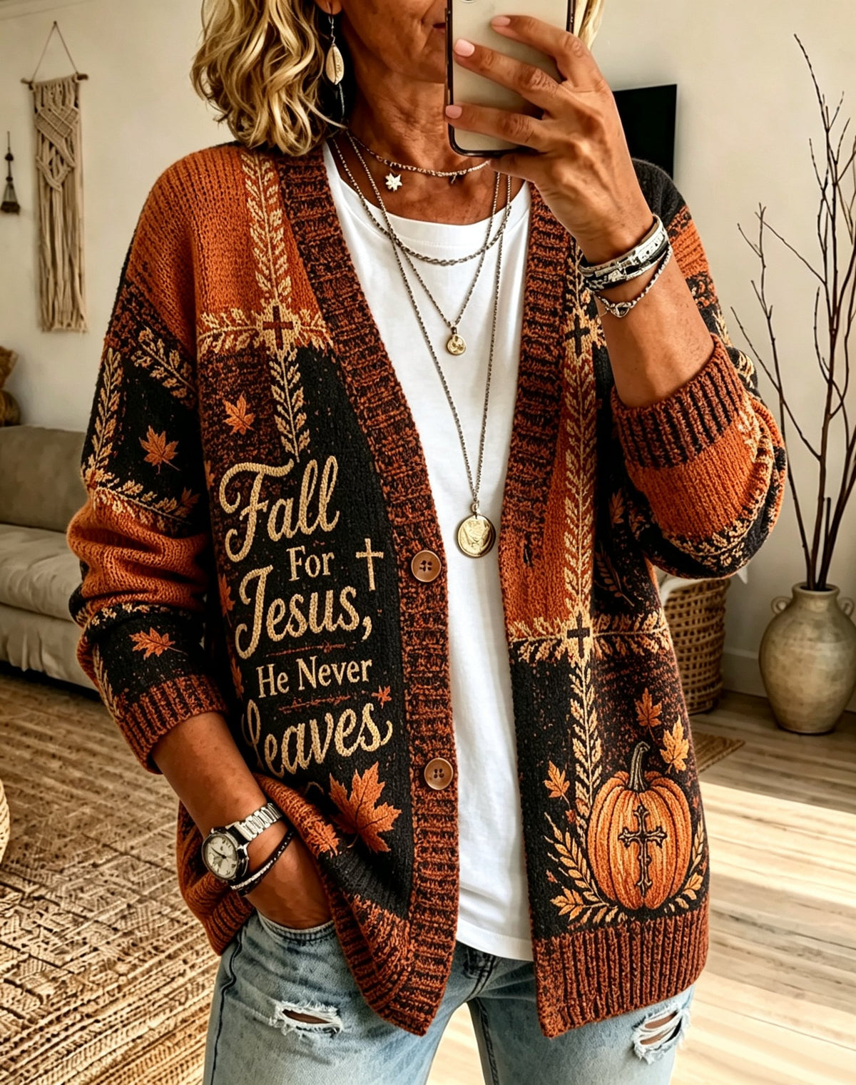 Women's Autumn Fall For Jesus, He Never Leaves Print Top