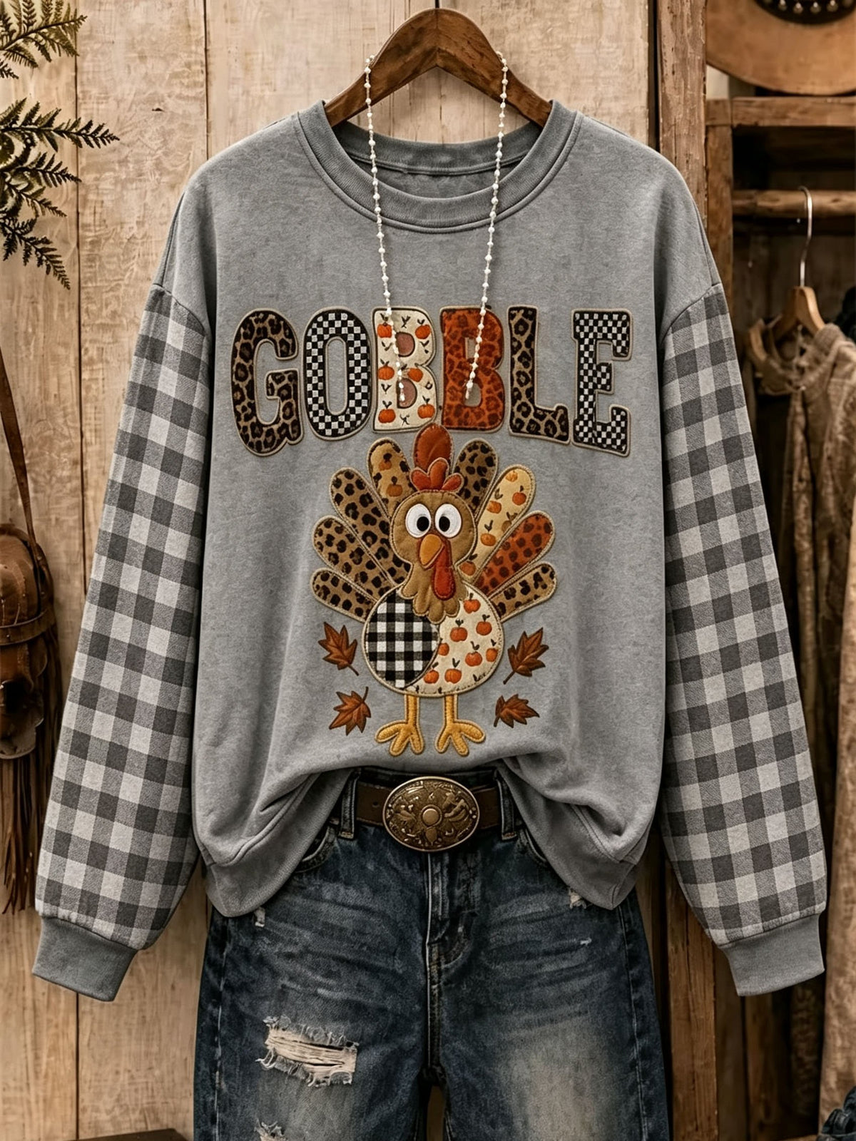 Women's Gobble Turkey Print Plaid Thanksgiving Sweatshirt