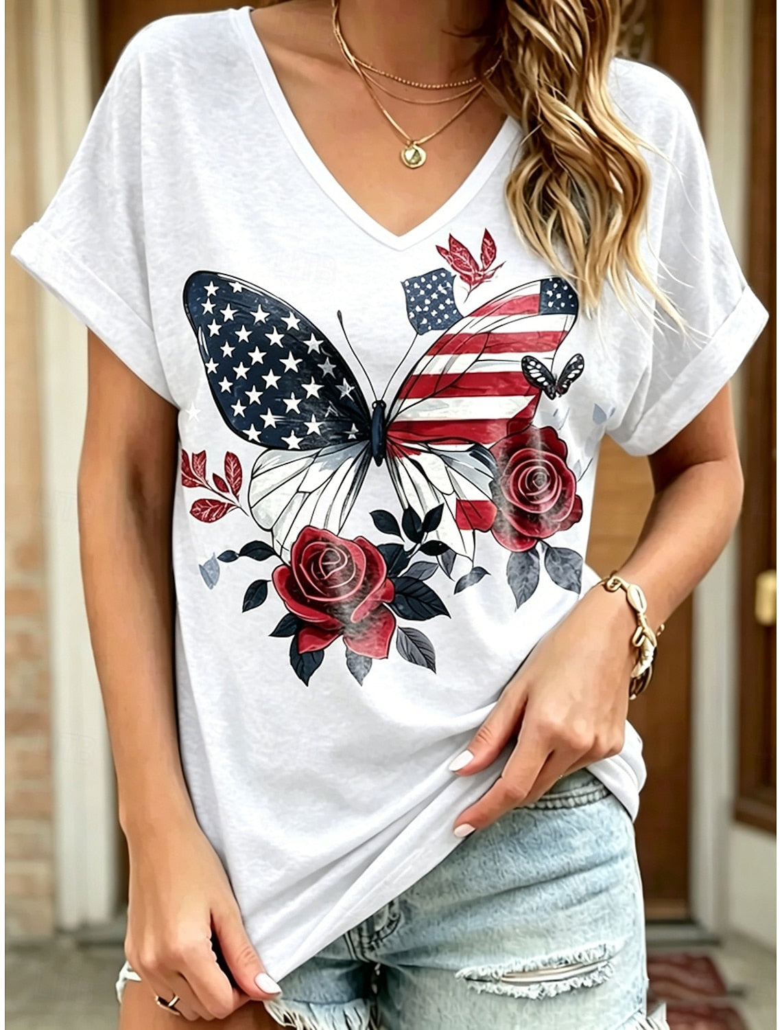 Women's Patriot Butterfly Flower Printed V-neck Short sleeved T-shirt