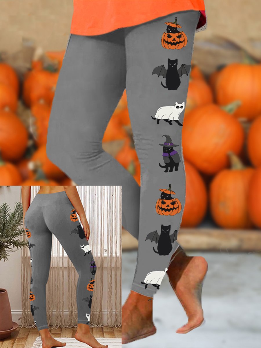 Women's Cute Black Cat Pumpkin Witch Boo Bat Print Yoga Leggings