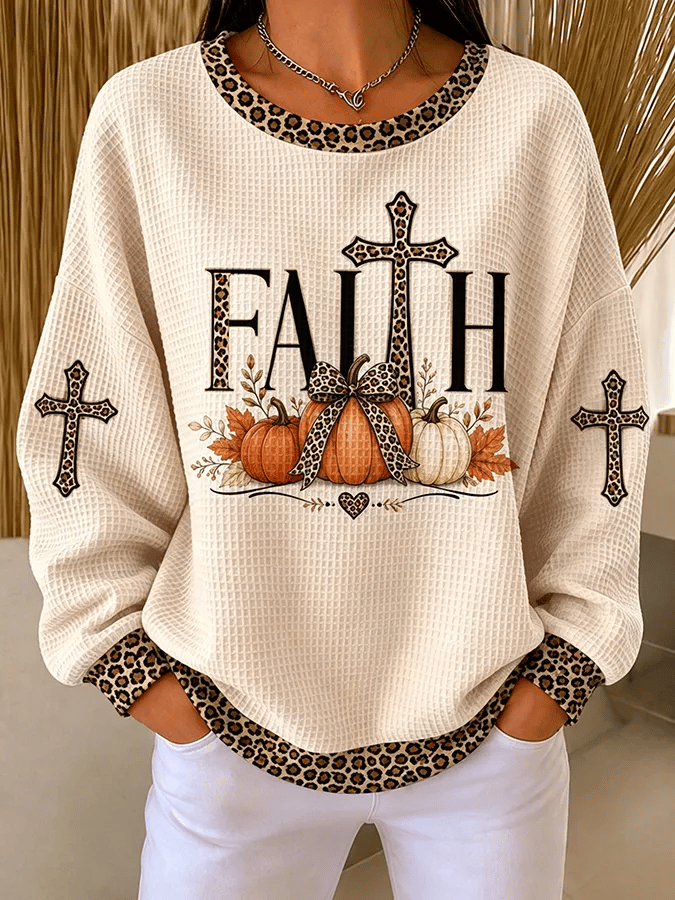 Women's Casual Printed Waffle Long-Sleeve Top