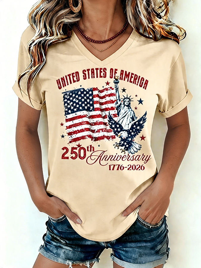 Women's 1776-2026 Statue of Liberty Anniversary Eagle Print V-neck T-shirt