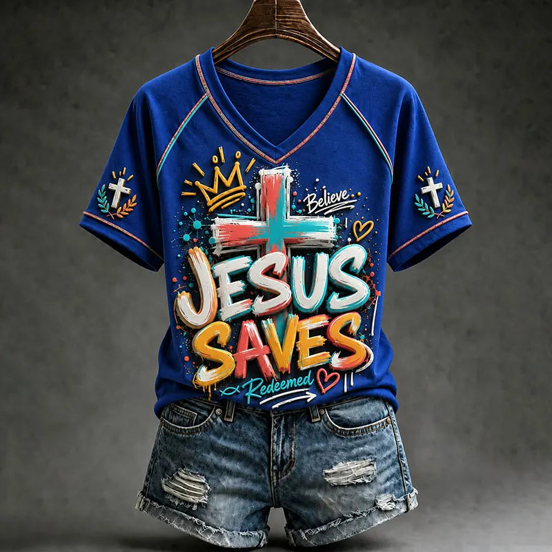 Jesus Saves Christian Faith Painted Cross Graphic V-Neck T-Shirt Redeemed Inspirational Tee