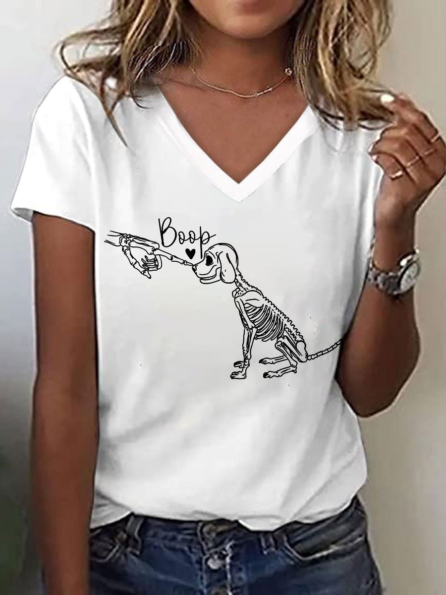 Women's Boop Bones Dog Print V-Neck T-Shirt