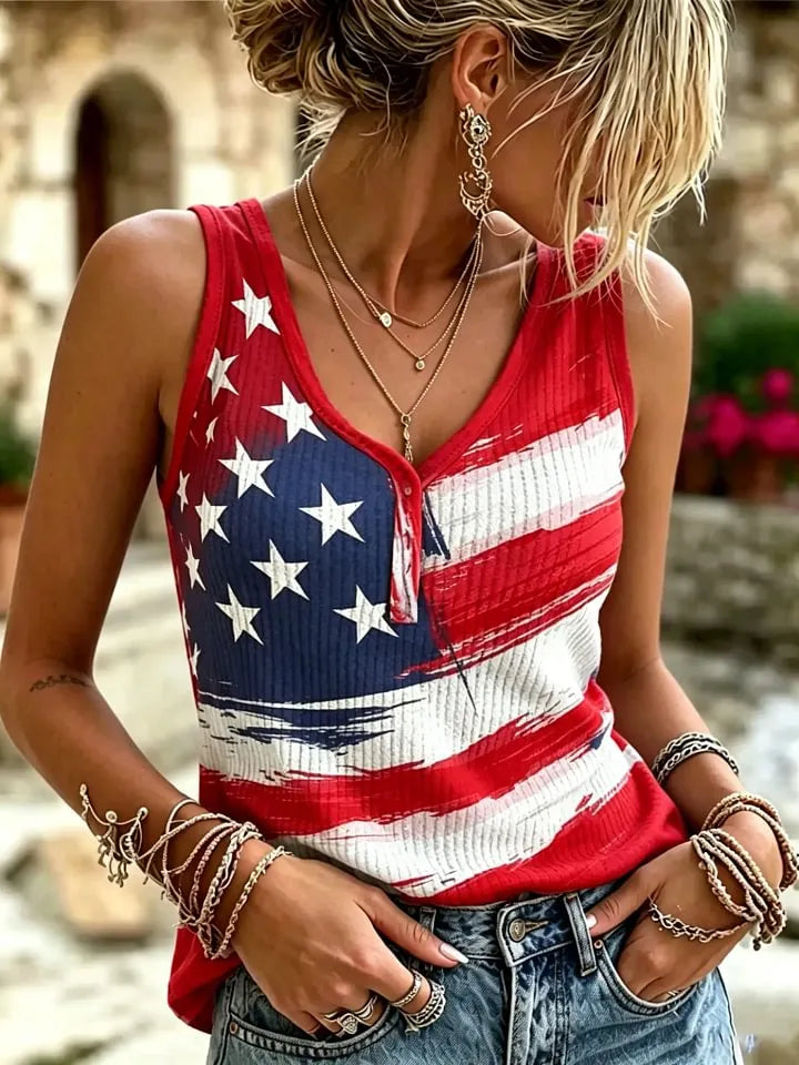 Women's American Flag Printed Cotton Ribbed Knitted Henley Tank Top