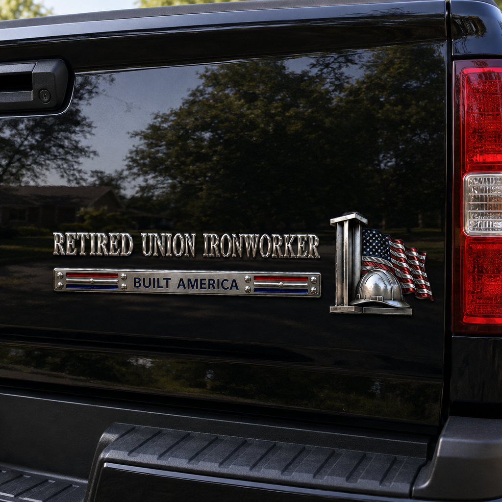 Retired Union Ironworker Built America Metal Car Emblem Badge