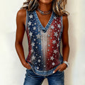 Patriotic Rhinestone Stars V-Neck Tank Top – Denim Trim Red White Blue Sleeveless Shirt