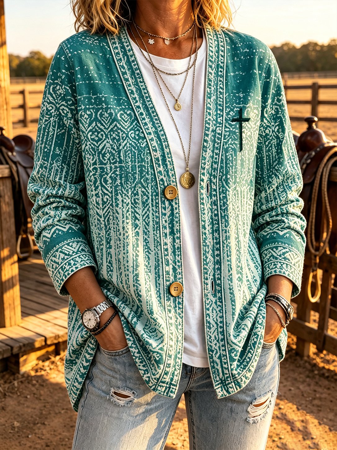 Women's Vintage Western-Print Cardigan