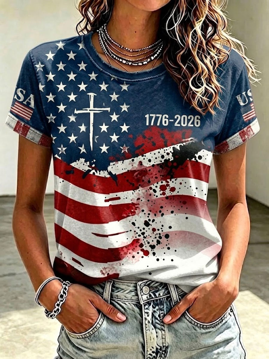 Ladies' Casual Round Neck American 250Th Anniversary Cross Print T-Shirt