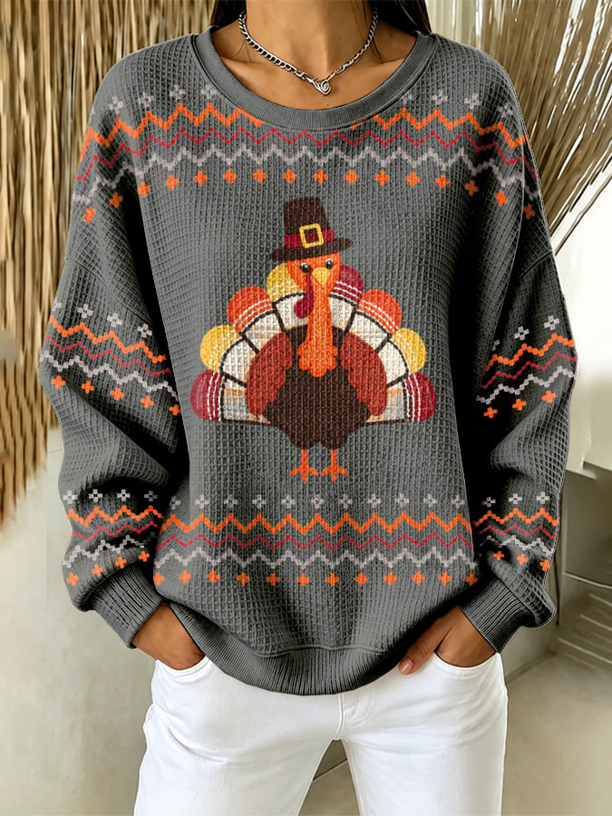 Women's Casual Printed Waffle Long-Sleeve Top