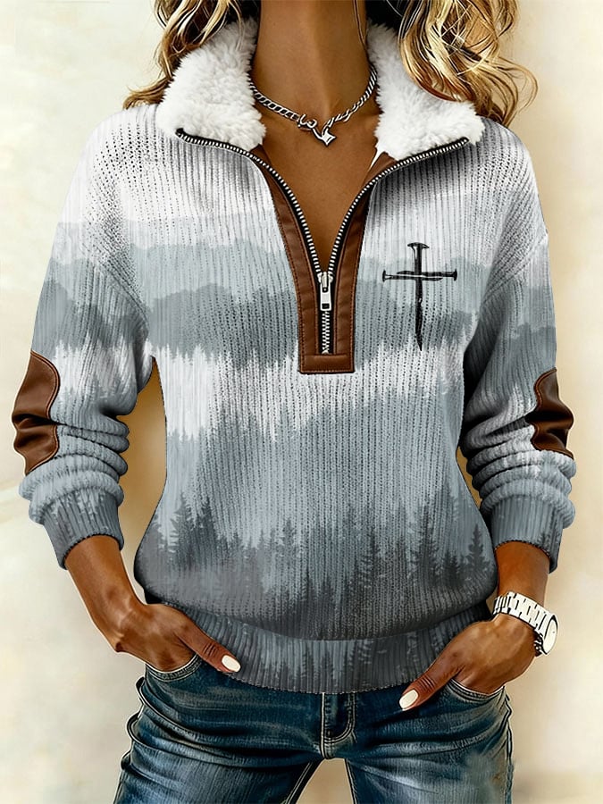 Women's Casual Retro Print Patchwork Fur Collar Long Sleeve Sweatshirt