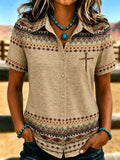 Women's Vintage Western-Style Printed Short-Sleeve Shirt