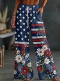 Women's Vintage Independence Day Flag Flower Art Print Wide Leg Linen Pants