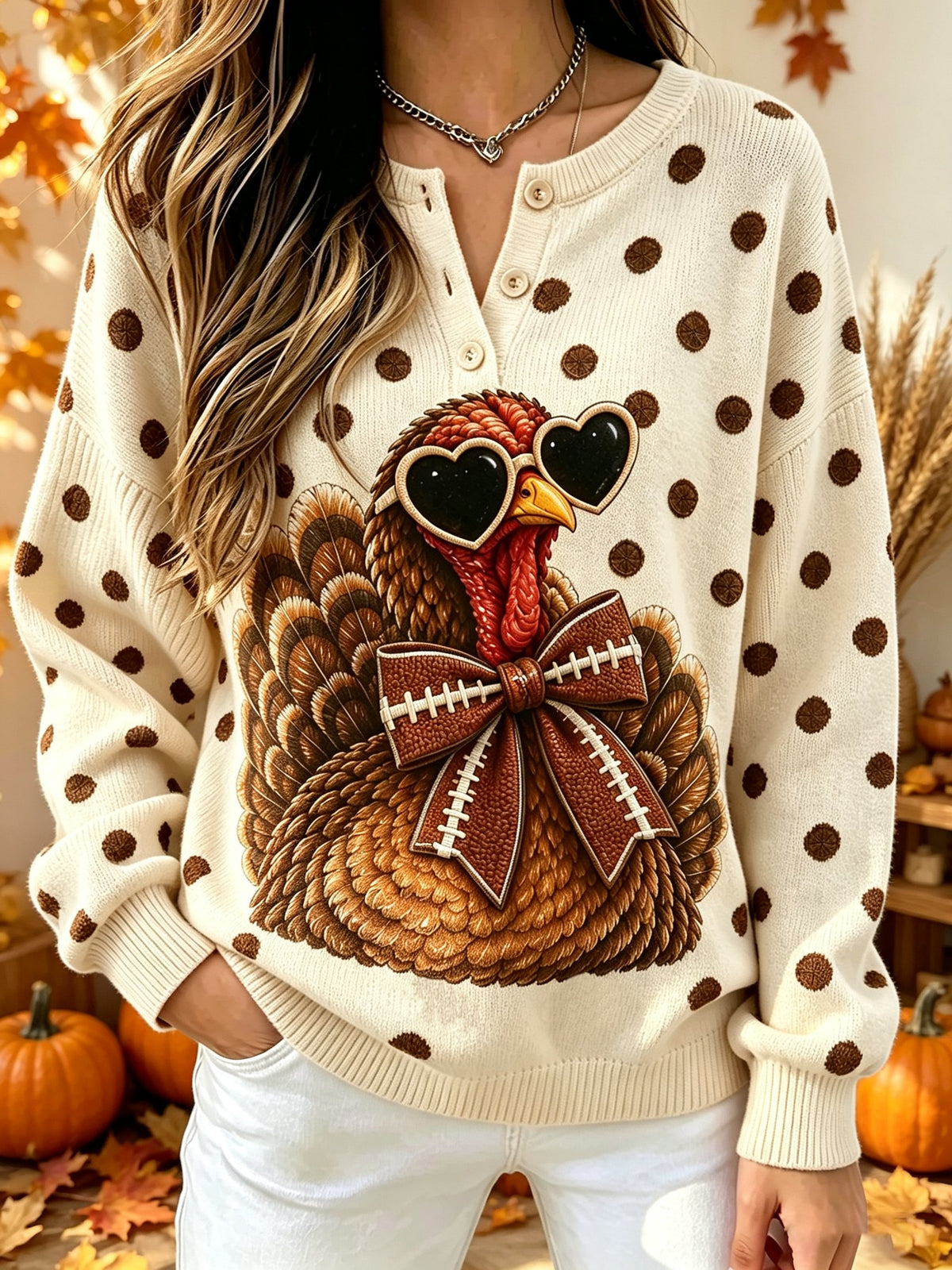 Women'sFun Turkey Football Art-Print Knitted Top