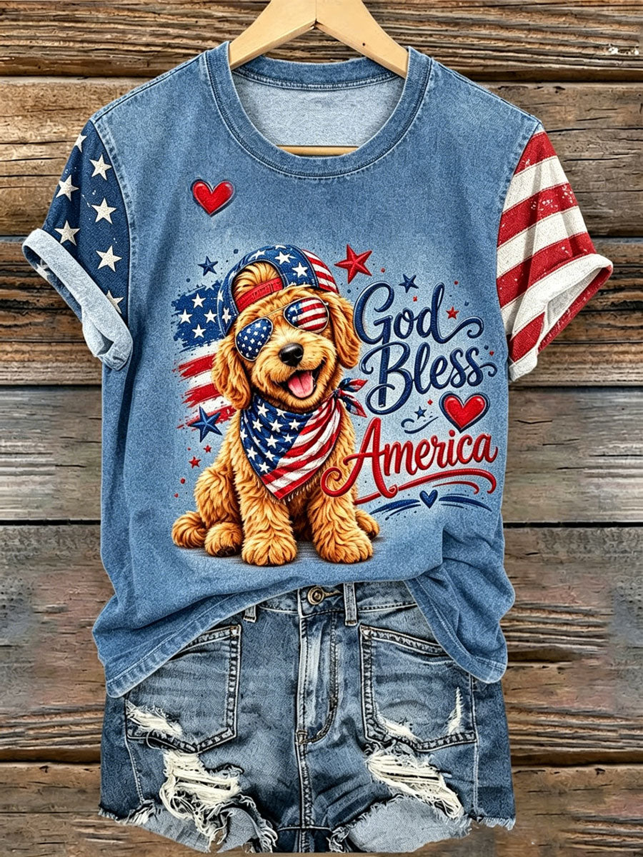 Ladies' 250Th Anniversary American Flag Dog Print V-Neck Short Sleeved T-Shirt