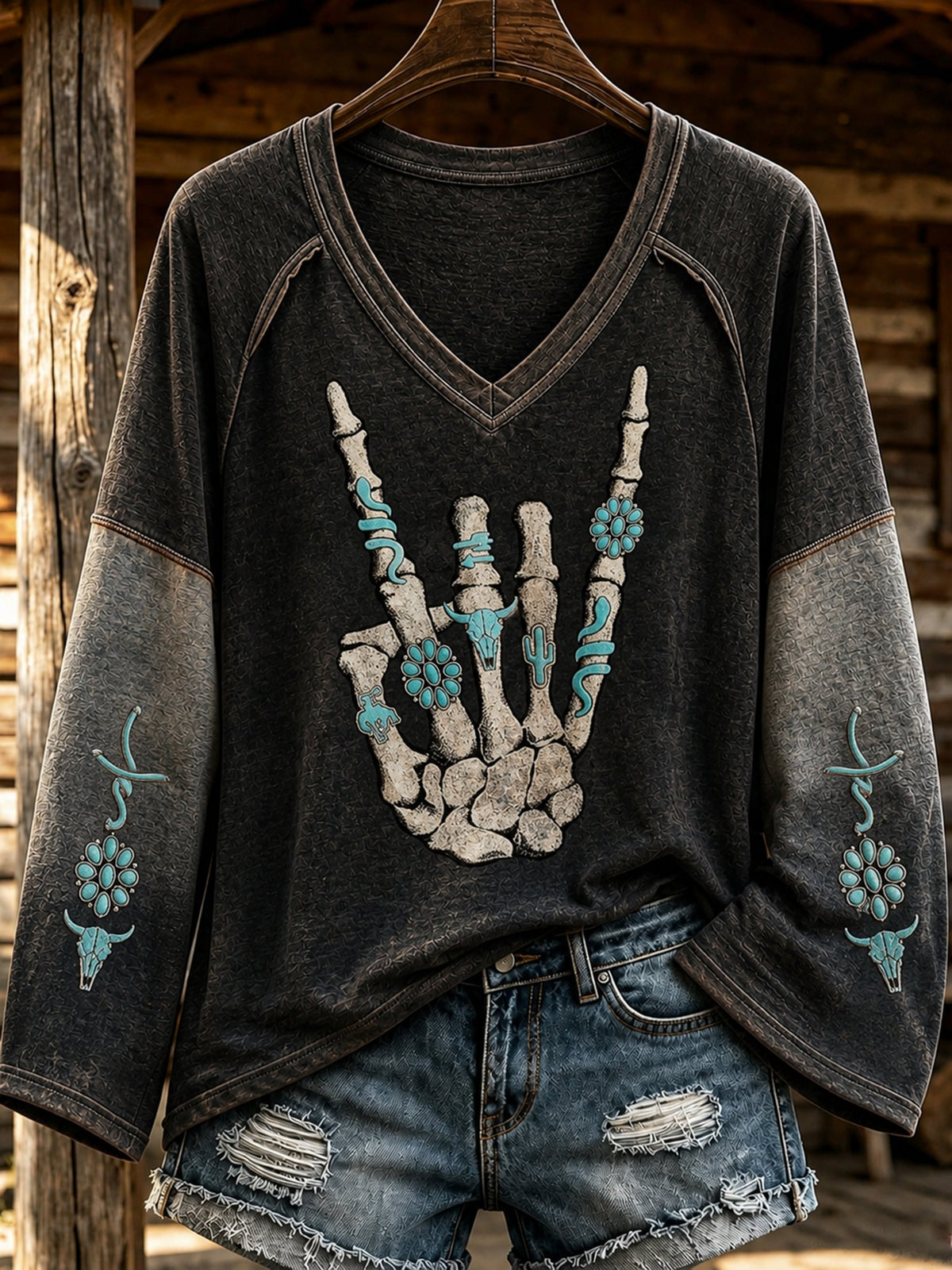 Women's Retro Western Gem Skull Print V-Neck Top