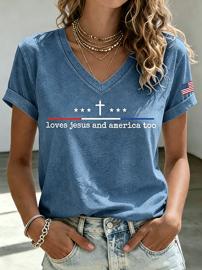 Women'S Loves Jesus and America Too Print Printed T-Shirt