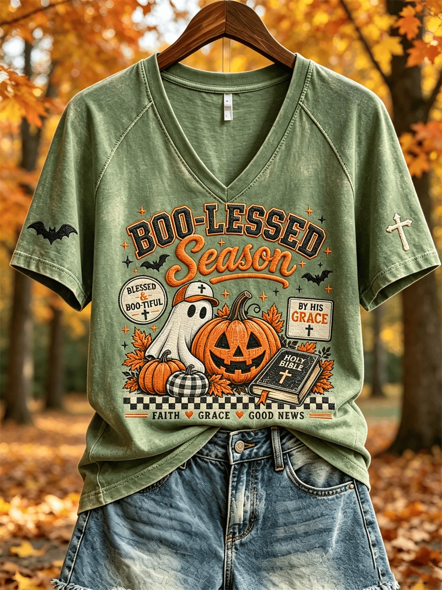 Women's Boo-Lessed Season Fall Camping Christian Ghost Print Short-Sleeved T-Shirt