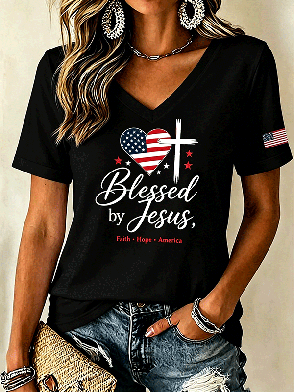 Women's Blessed By Jesus Faith Hope America Heart USA Flag Print T-Shirt