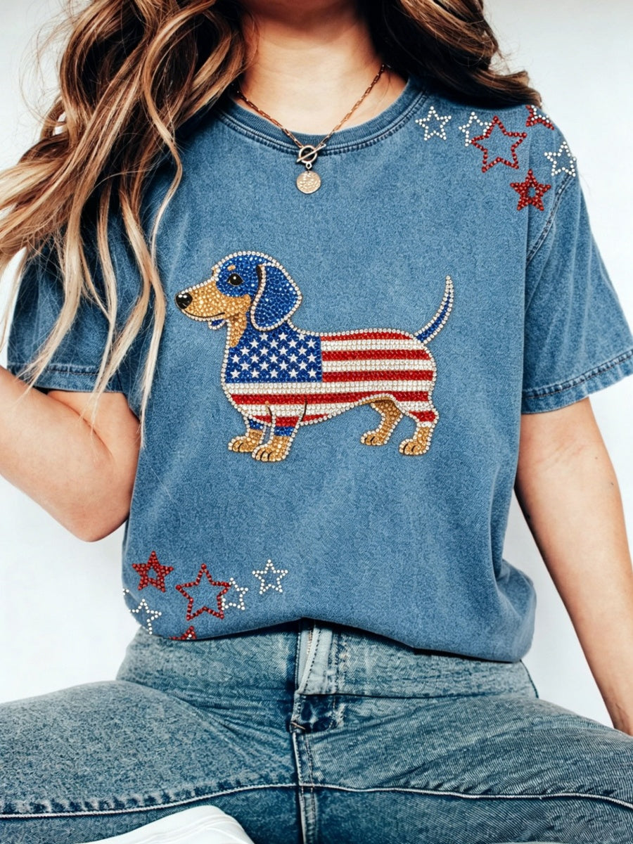 Women's Lovely Dachshund Rhinestone Pattern T-Shirt