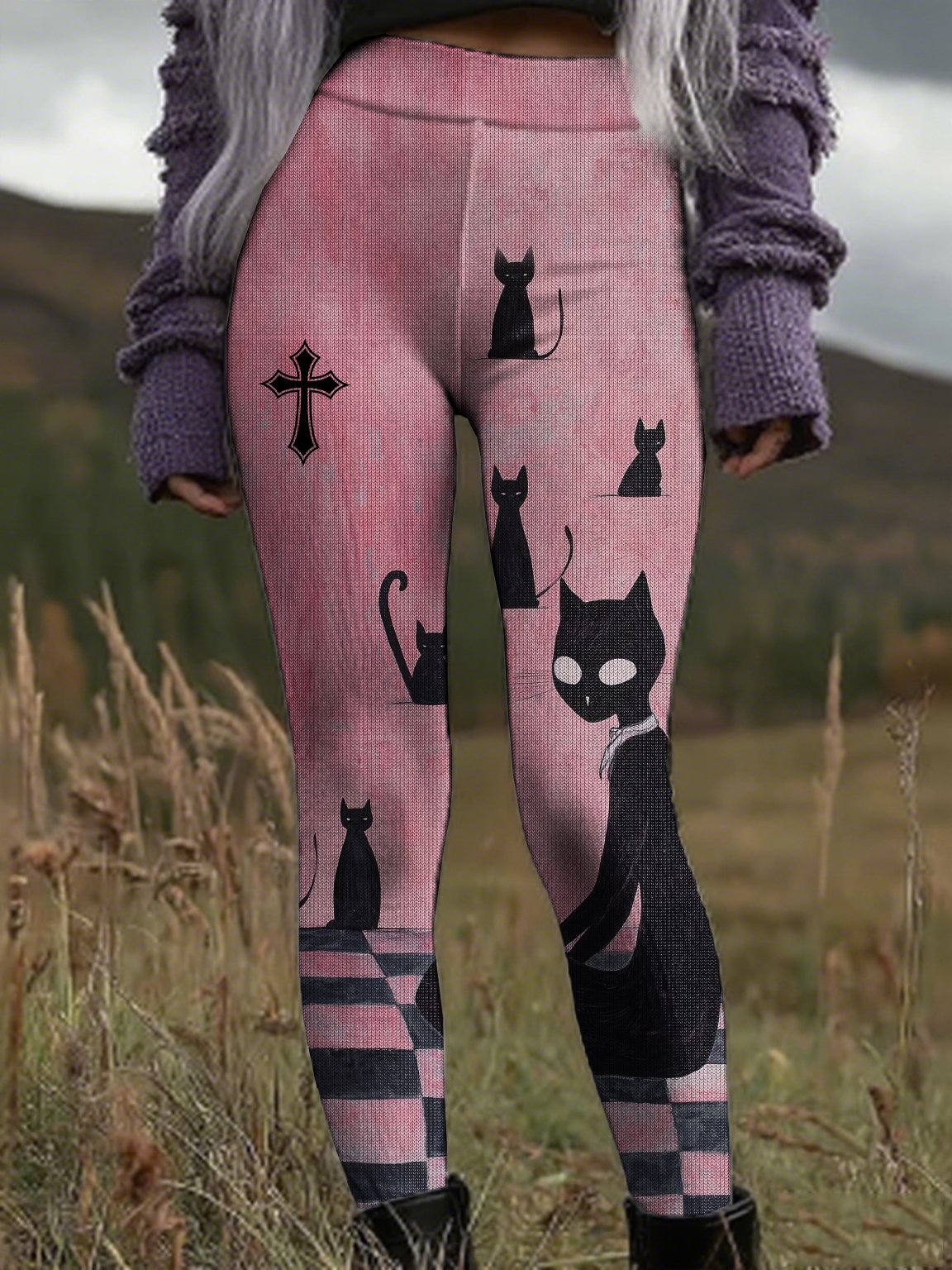 Women's Black Cat Cross Print Pants