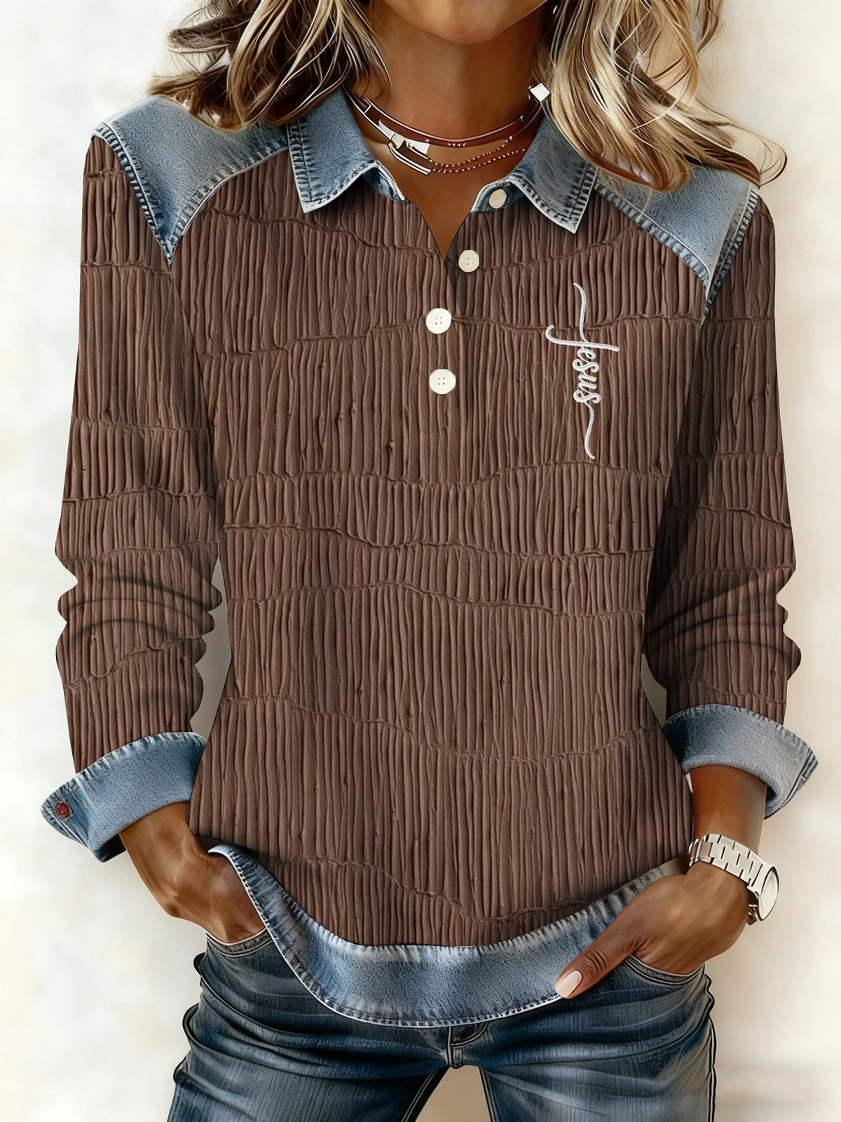 Women's Winter Retro Western Style Denim Print Top
