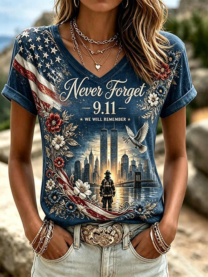 🕯️Women's  Retro  9.11 Never Forget Print T-shirt